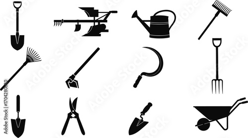 Vector set of black gardening tools silhouettes including shovel, rake, watering can, pruning shears, wheelbarrow, sickle, hoe, and hand trowel icons
