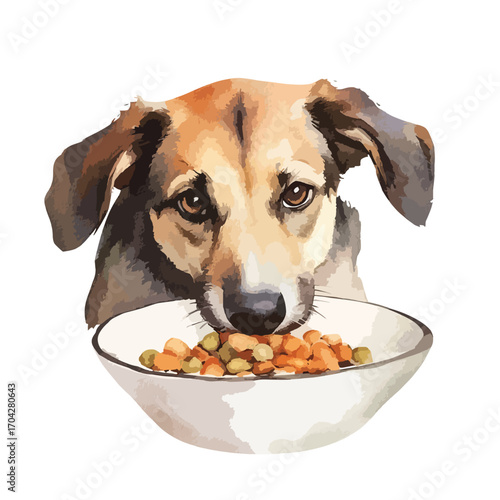 Watercolor Dog Gazing at Food Bowl with Focused Hungry Eyes