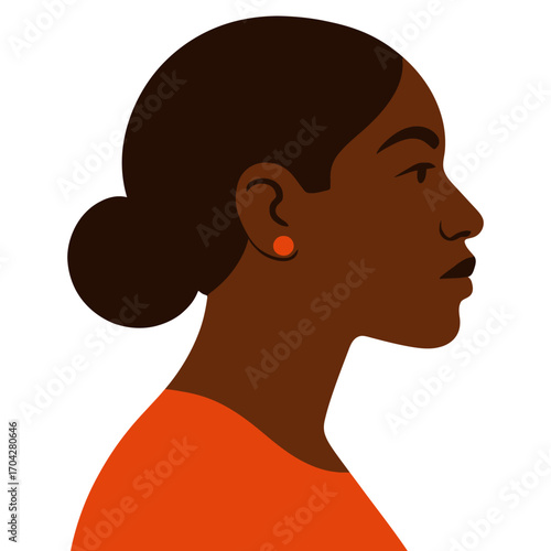 A woman with a bun and earrings. The woman is wearing an orange shirt. Vector.