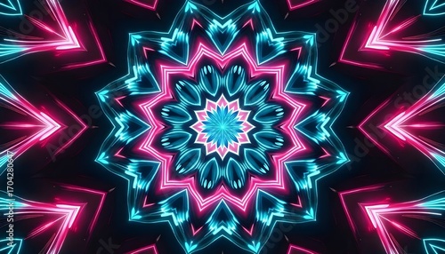 Neon Abstract Kaleidoscope Pattern Glowing Pink Blue Light Background Futuristic