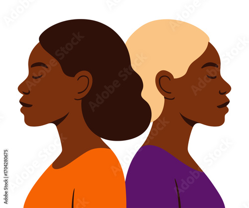 Two women are sitting with their heads resting on their hands. The women are of different races, one is black and the other is white. Vector.