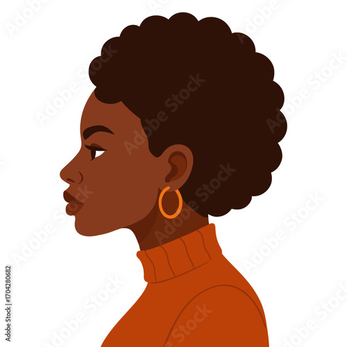 A woman with a short afro and orange sweater. She is wearing earrings and a necklace. Vector.