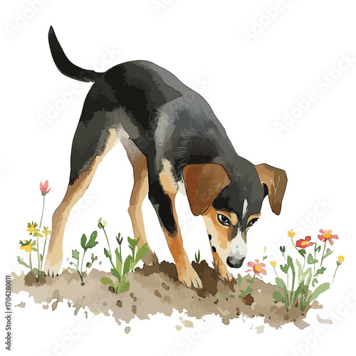 Watercolor Dog Sniffing Flowers in a Garden Patch with Head Down