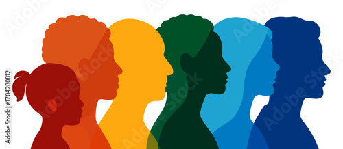 A group of people with different colored heads. The people are all different colors and sizes. The image is a representation of diversity. Vector.