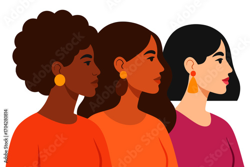 Three women with different hair colors and earrings stand side by side. Concept of unity and diversity among the women. Vector.