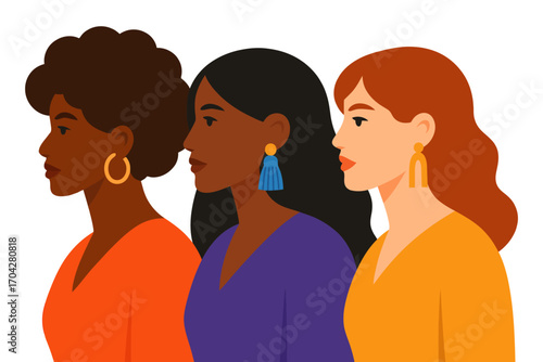 Three women are standing next to each other, each wearing a different colored dress. The women are wearing earrings and necklaces. Vector.