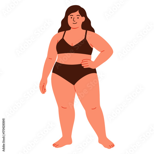 A woman in a black bikini is standing on a white background. She is wearing a black bikini top and black bottoms. Vector.