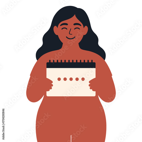 A woman is holding a calendar and smiling. The calendar is red and white. The woman is wearing a black shirt. Vector.