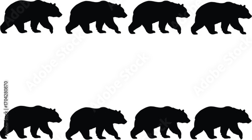 Bear silhouette vector set, walking bear poses, wild animal clipart, black forest wildlife shape, isolated grizzly illustration bundle.