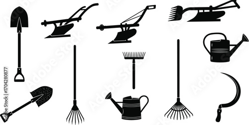 Black gardening tools vector set with shovels, plows, rakes, watering cans, and sickles for agriculture, farming, garden care, and outdoor maintenance design