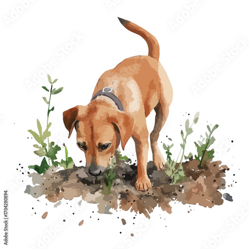 Watercolor Dog Sniffing Ground with Greenery and Curious Expression