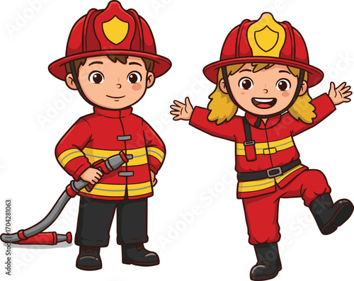 Cartoon boy and girl dressed as firefighters with uniform, helmet, and hose, perfect vector for fire safety, kids education, and career themes