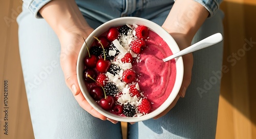 Woman Holding a Bowl of Berry Smoothie.