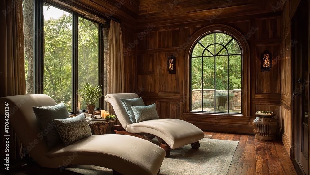 Fototapeta premium Luxury Spa Interior with Plush Chaise Lounges and Arched Window Overlooking Lush Greenery and Wood Walls