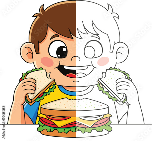 Cartoon boy eating sandwich, half color half outline, fun food illustration, kids meal concept, editable vector, line art, delicious lunch
