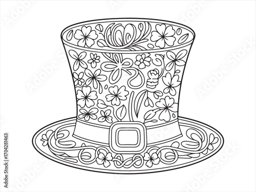 Stylish costume hat with buckle and flowers sketch coloring activity page