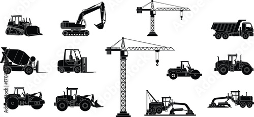 Black and white vector silhouettes of construction equipment including bulldozers, excavators, cranes, dump trucks, cement mixers, forklifts, loaders, and road graders machinery icons