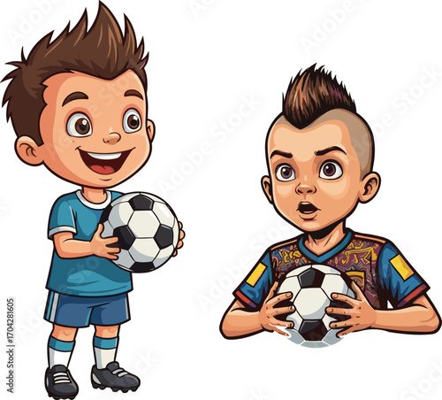 Cartoon boys holding soccer balls, happy and surprised expressions, wearing sports uniforms, kids playing football, youth team, game fun, vector illustration