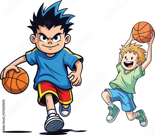 Cartoon boys playing basketball, energetic kids illustration, sports activity for children, athletic movement vector, dynamic poses, fun sports cartoon design