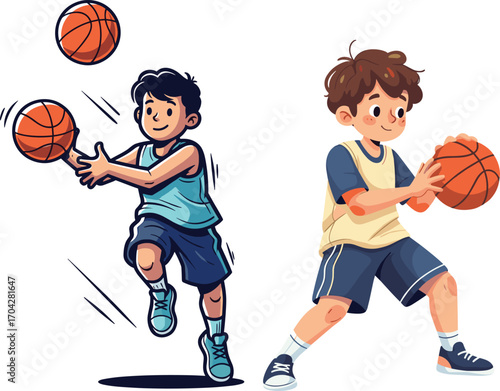 Cartoon boys playing basketball, active children vector, sports illustration, dribbling and passing action, athletic kids, fun exercise, outdoor team sport