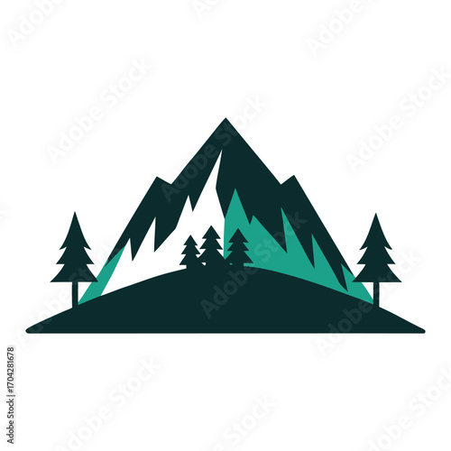 Flat minimalist mountain landscape with evergreen trees and snowy peaks design vector