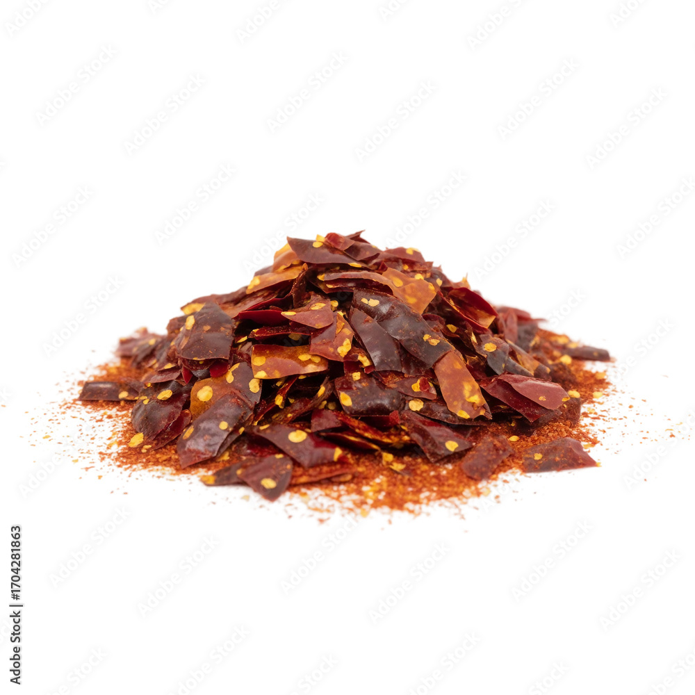 Obraz premium Close up spicy chili red pepper flakes, chopped, milled dry paprika pile isolated on white.png