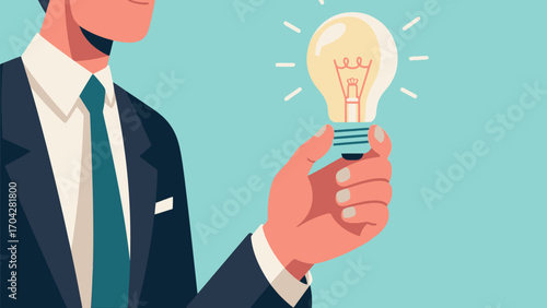 A business person is holding a light bulb, with hand-drawn vector illustrations