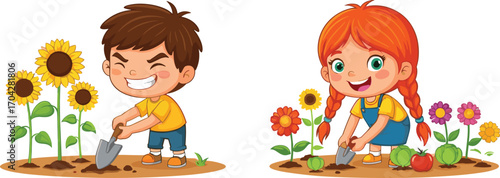 Cartoon kids gardening, boy and girl planting flowers, children digging soil, vegetable garden illustration, cute farming activity, spring outdoor education vector