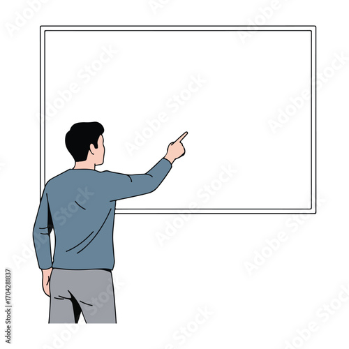 Man pointing at a blank whiteboard with his back to viewer finger
