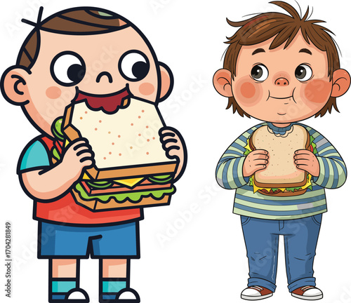 Cartoon kids eating sandwiches, children lunch vector, happy boys with food, cute meal illustration, snack time, hungry child, fun eating moment