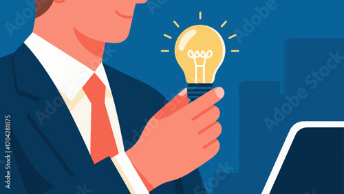 A business person is holding a light bulb, with hand-drawn vector illustrations