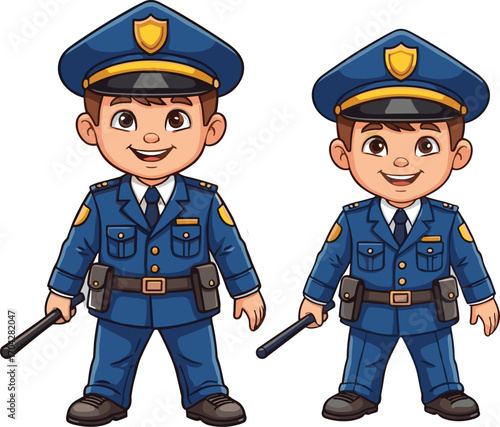 Cartoon young police officer characters in blue uniform, holding baton, smiling, standing confidently, law enforcement, public safety, protection vector illustration