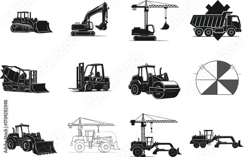 Silhouette and outline set of construction vehicles, equipment and machinery including forklift, crane, excavator, mixer truck, roller, loader and grading machine.