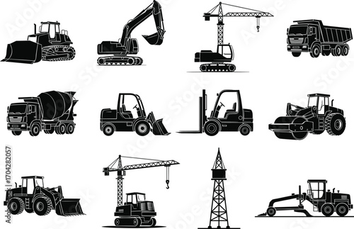 Set of heavy construction vehicles and machinery silhouettes including crane, mixer, excavator, forklift, roller, grader, loader and dump truck.