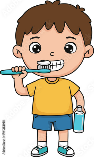Cute boy brushing teeth, holding toothpaste, dental hygiene cartoon, kid oral care vector, healthy smile clipart, morning routine children illustration