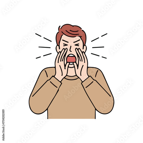 Man shouting with hands cupped around mouth and radiating lines yelling screaming