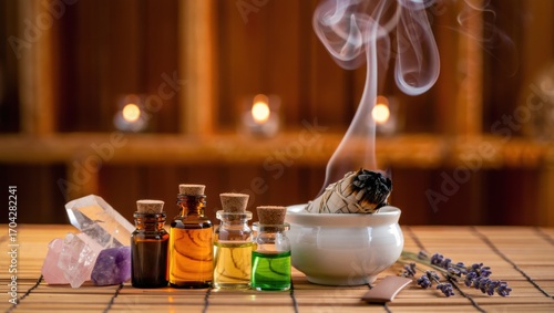 Aromatic Healing with Essential Oils and Sage Smoke: A Serene Setup for Relaxation and Spiritual Cleansing in a Tranquil Environment