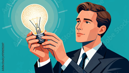 A business person is holding a light bulb, with hand-drawn vector illustrations