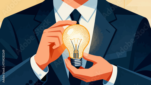 A business person is holding a light bulb, with hand-drawn vector illustrations