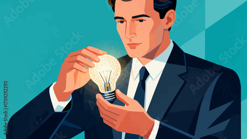 A business person is holding a light bulb, with hand-drawn vector illustrations