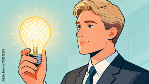 A business person is holding a light bulb, with hand-drawn vector illustrations