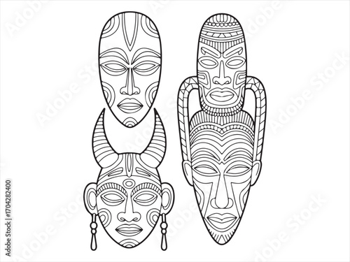 Tribal masks coloring page with four traditional decorative face designs, black and white line art illustration of cultural heritage artwork for kids and adults printable activity sheet