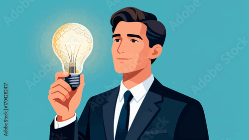 A business person is holding a light bulb, with hand-drawn vector illustrations