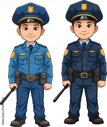 Cute cartoon police officer characters in blue uniform, standing with baton, law enforcement, security, safety, protection, public service vector illustration