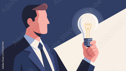 A business person is holding a light bulb, with hand-drawn vector illustrations