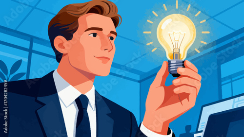 A business person is holding a light bulb, with hand-drawn vector illustrations