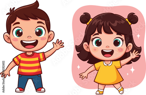 Happy boy and girl waving hands, cute smiling children, colorful casual clothes, cheerful kids cartoon characters, playful friendly toddlers, vector illustration for kids content