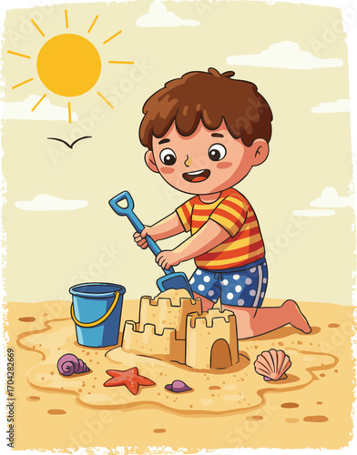 Happy boy building sandcastle on sunny beach, child playing with shovel and bucket, summer vacation fun, seaside playtime, cute kid vector illustration