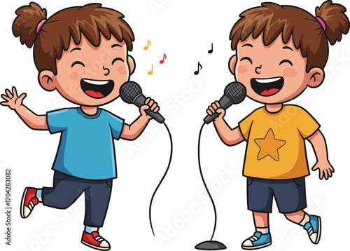 Happy cartoon girls singing with microphones, music performance, kids karaoke night, fun entertainment concept, duet show, musical vector illustration, children concert