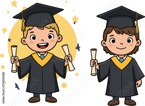 Happy cartoon kids in graduation gown, holding diplomas, smiling students celebrating, academic success, education achievement vector, colorful school ceremony illustration